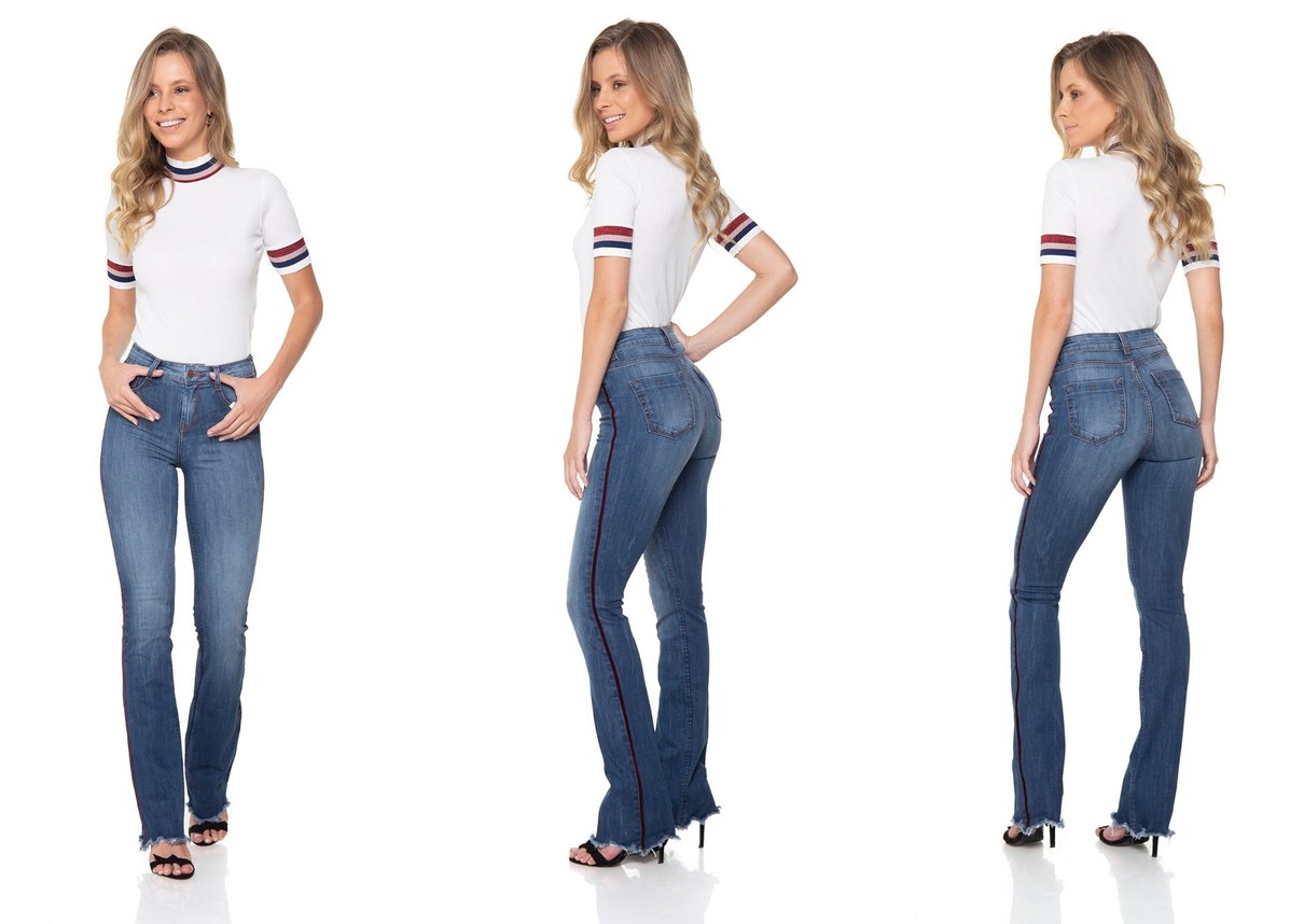 dz2895 calca jeans flare media com listra lateral denim zero tripla