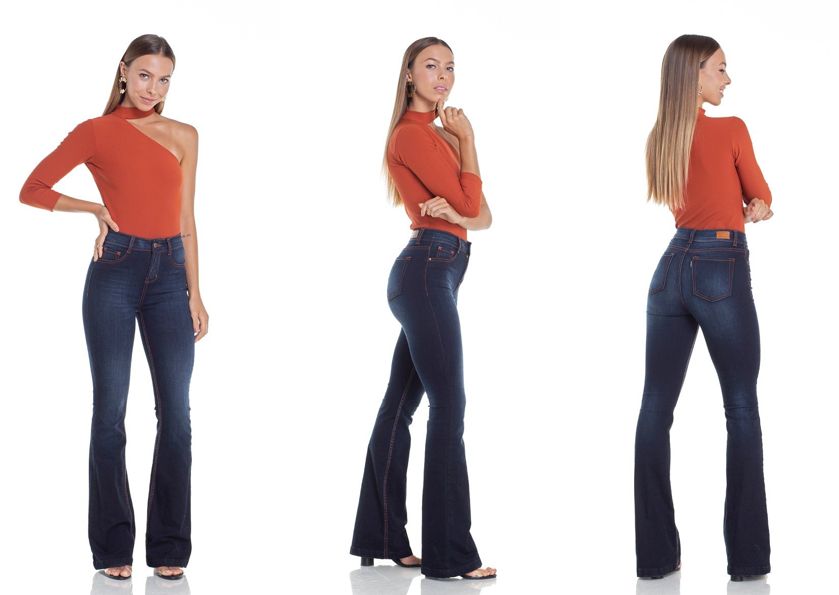 dz2928 calca jeans flare media com linhas constrastantes tripla denim zero