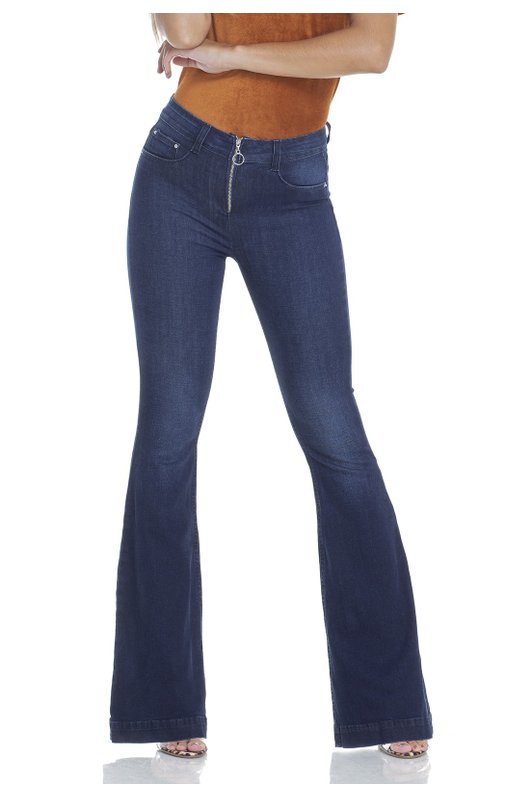 dz2950 calca jeans flare media escura com fechamento de ziper frente prox denim zero