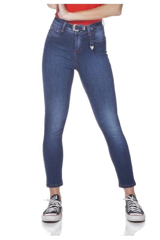 dz3102 calca jeans feminina skinny cropped media com cinto denim zero frente prox