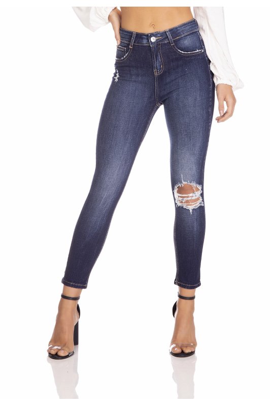 dz3236 calca jeans feminina skinny media cropped rasgo no joelho denim zero frente prox