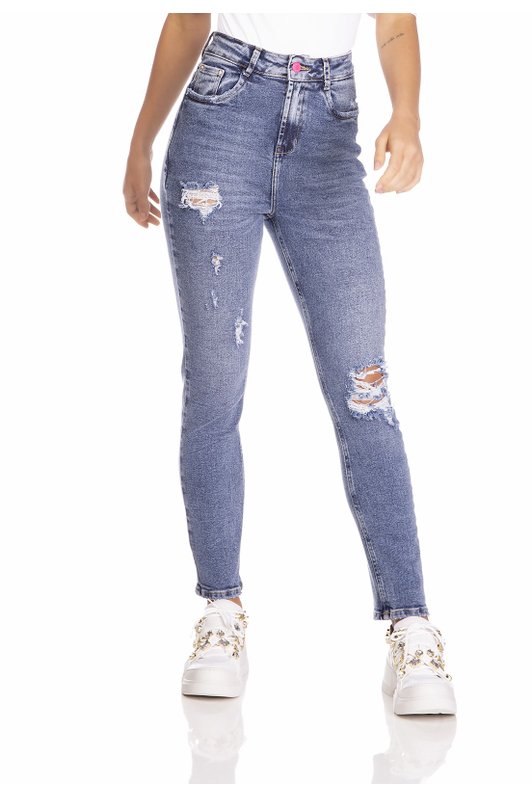 dz3232 calca jeans feminina mom fit vintage com puidos denim zero frente prox