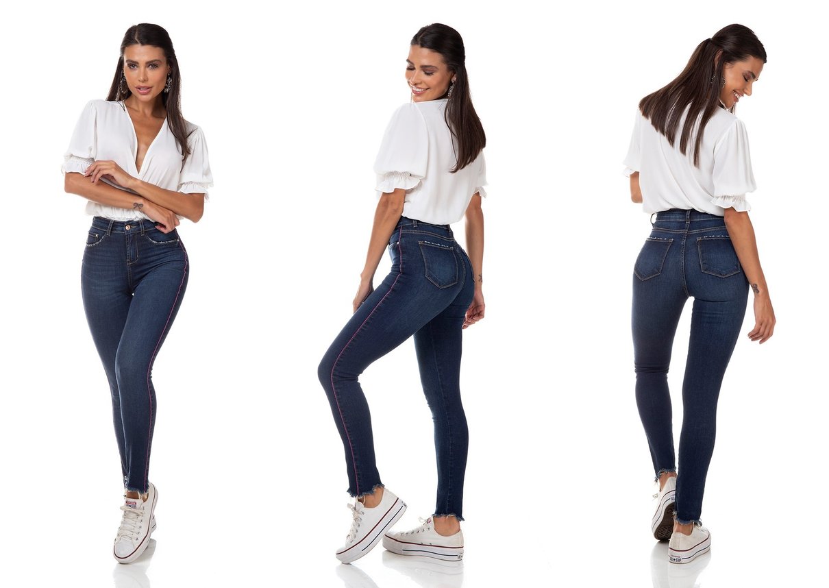 dz3315 calca jeans feminina skinny media cigarrete listra colorida lateral denim zero tripla