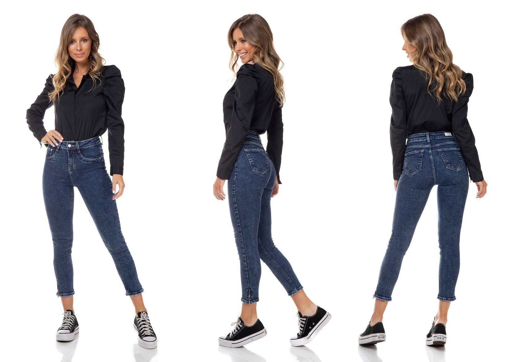 dz3352 calca jeans feminina skinny media cropped com ziper decorativo na barra denim zero tripla