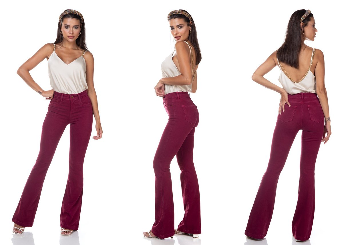 dz3308 calca jeans feminina flare media colorida maca do amor denim zero tripla