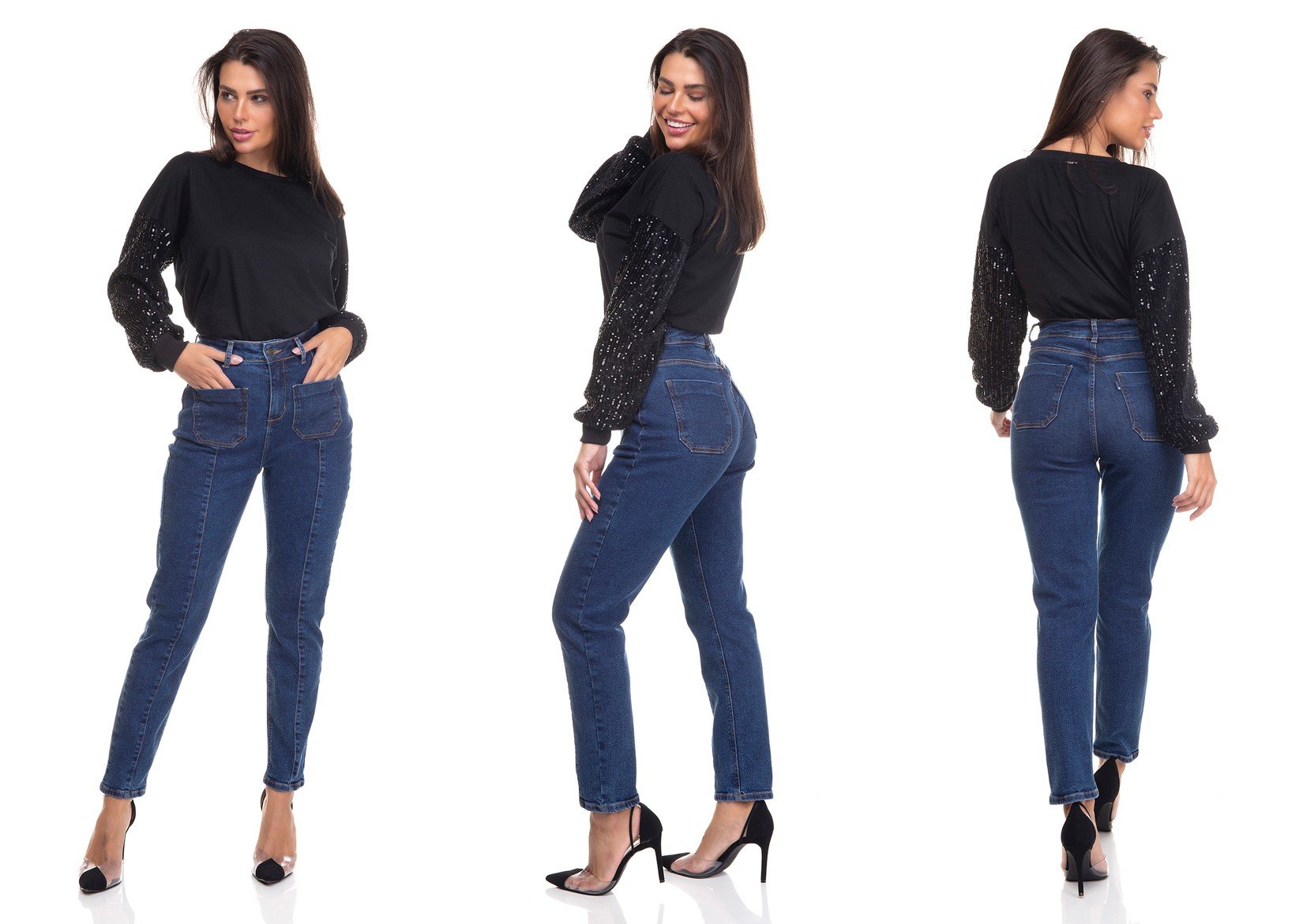 dz3387 calca jeans feminina mom fit bolsos utilitarios denim zero tripla