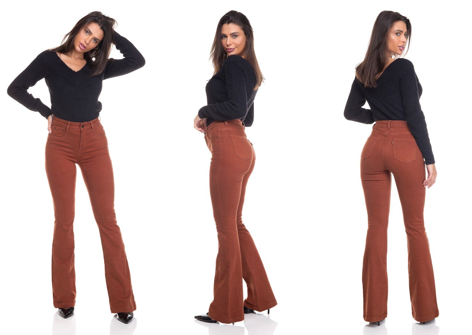 dz3453 calca jeans feminina flare media colorida raposa tripla