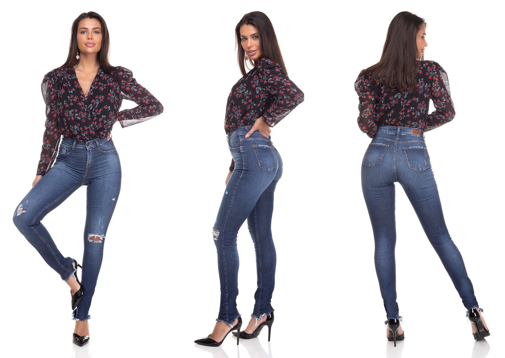 dz3367 calca jeans feminina skinny media barra desfiada denim zero tripla