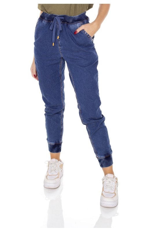 dz3448 calca jeans feminina jogger com cordao decorativo denim zero frente prox