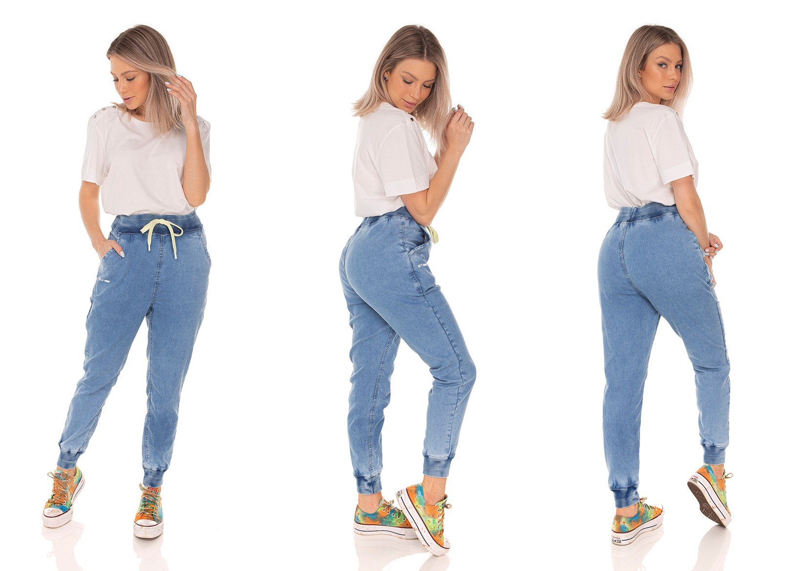 dz3611 calca jeans feminina jogger com cordao denim zero tripla
