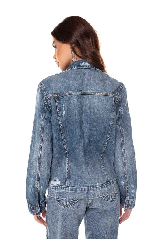 dz9127 alg jaqueta jeans feminina regular com puidos denim zero costas