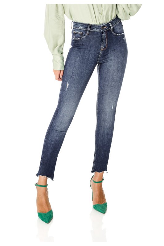 dz3596 re calca jeans feminina skinny media cigarrete barra irregular denim zero frente prox