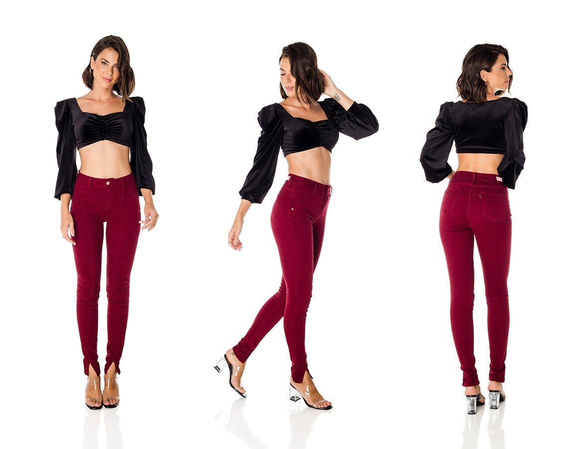 dz3662 re calca jeans feminina skinny media colorida com abertura na barra carmine denim zero trio