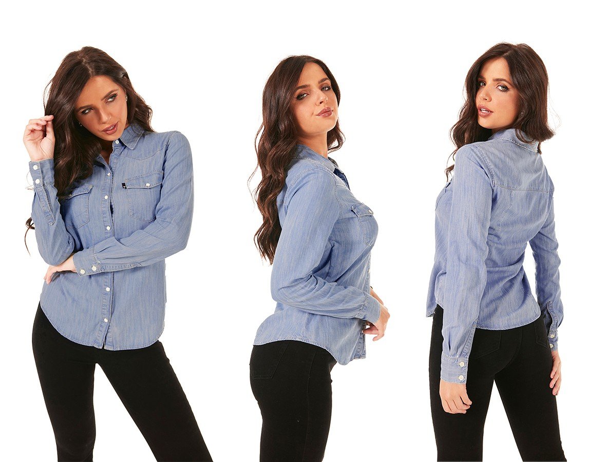 dz11155 camisa jeans feminina ajustada fechamento de botoes denim zero tripla