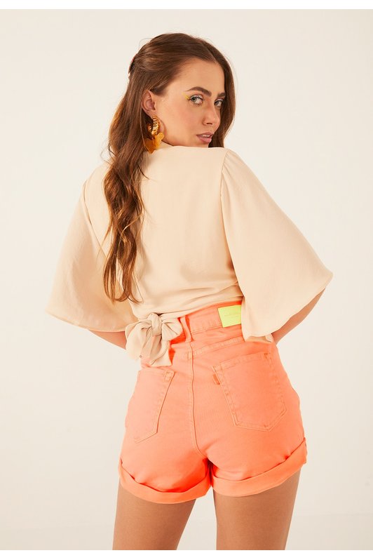 dz6516 com shorts jeans feminino setentinha fit com barra dupla laranja neon pastel denim zero costas crop
