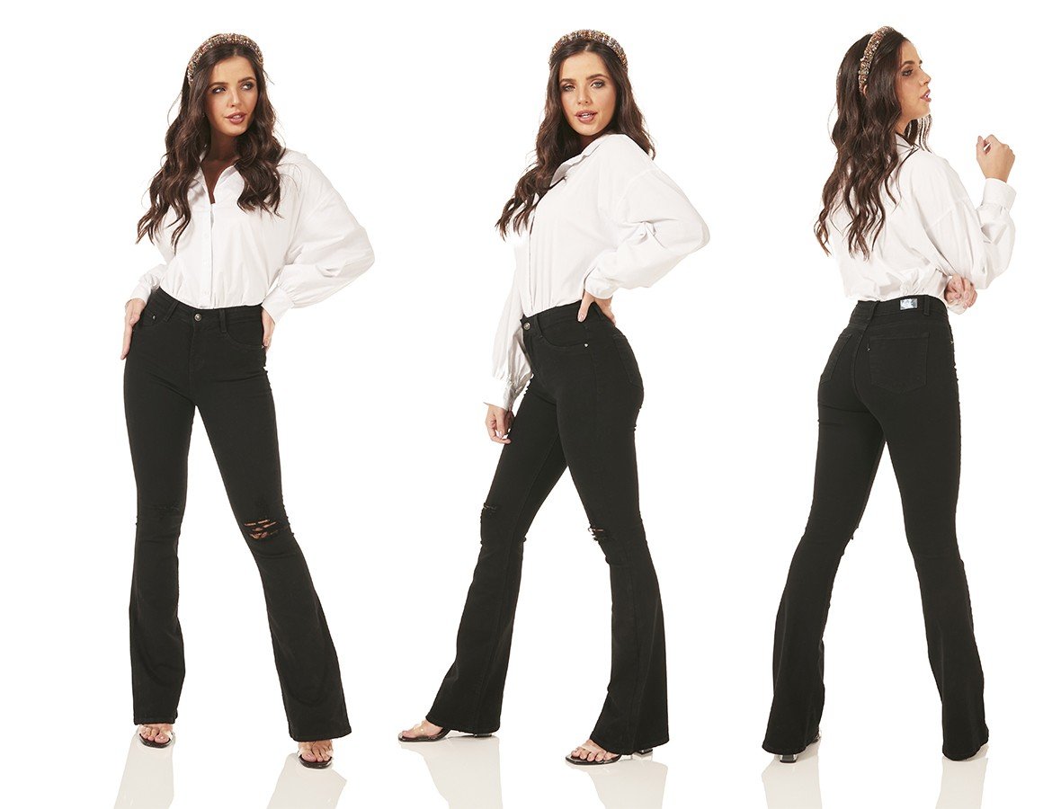 dz3778 re calca jeans feminina flare black and white preto denim zero tripla
