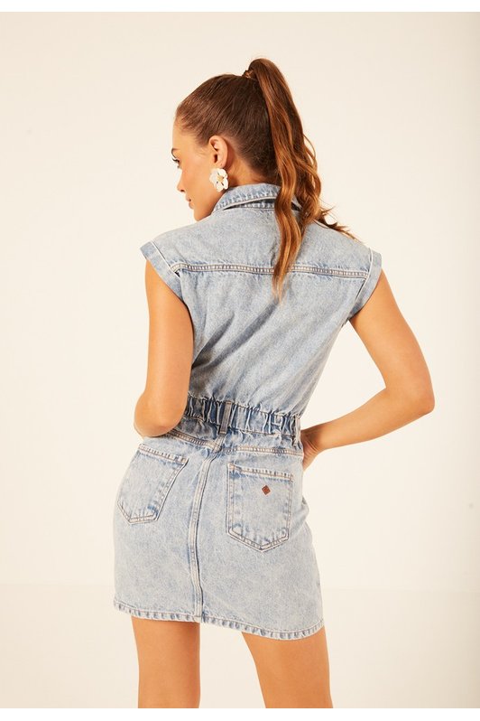 dz12093 alg vestido jeans feminino curto com elastico na cintura denim zero costas