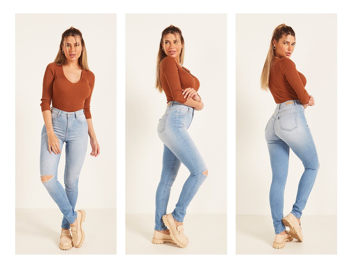 dz3977 re calca jeans feminina skinny media com rasgo no joelho denim zero trio