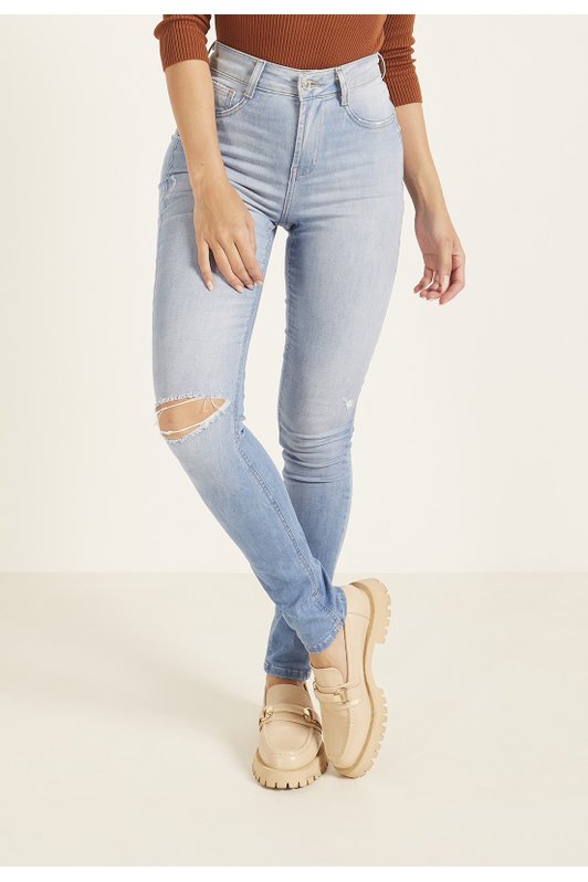 dz3977 re calca jeans feminina skinny media com rasgo no joelho denim zero frente prox