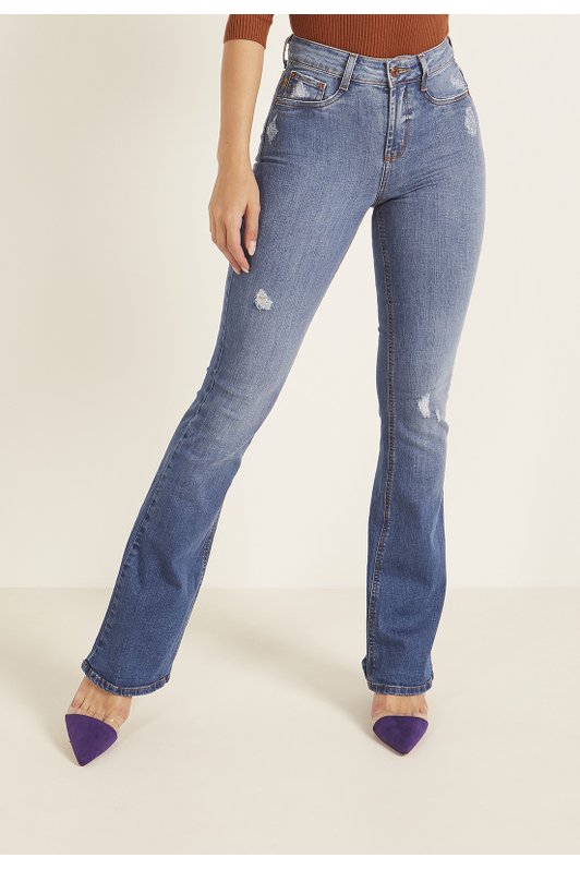 dz3983 com calca jeans feminina flare media com puidos denim zero frente prox