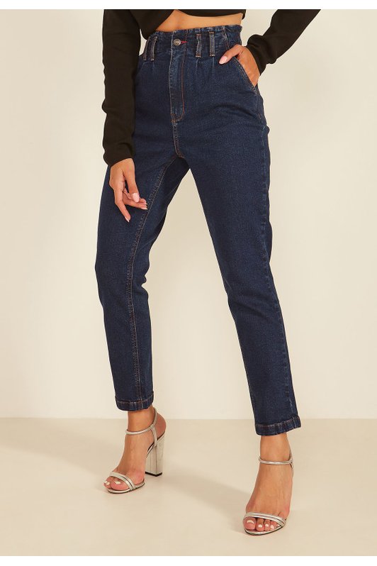 dz20077 com calca jeans feminina mom fit com elastico na cintura denim zero frente prox