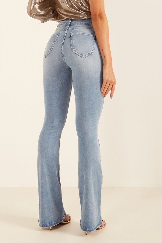 dz20104 re calca jeans feminina flare media com correntes denim zero costas prox
