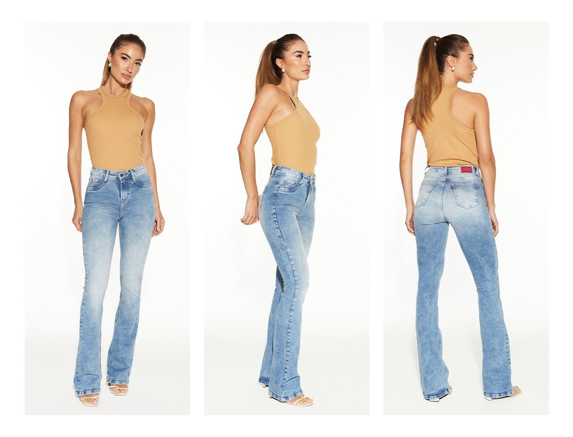 dz20476 com calca jeans feminina flare media alongada denim zero trio