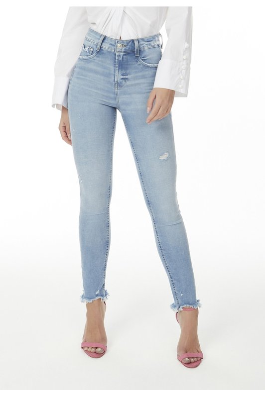 dz20550 re calca jeans feminina skinny media cigarrete com leves puidos denim zero frente