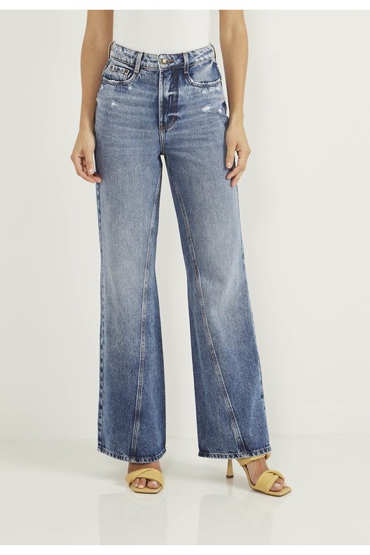 dz20622 alg calca jeans feminina wide leg com recortes frontas e leves puidos frente p
